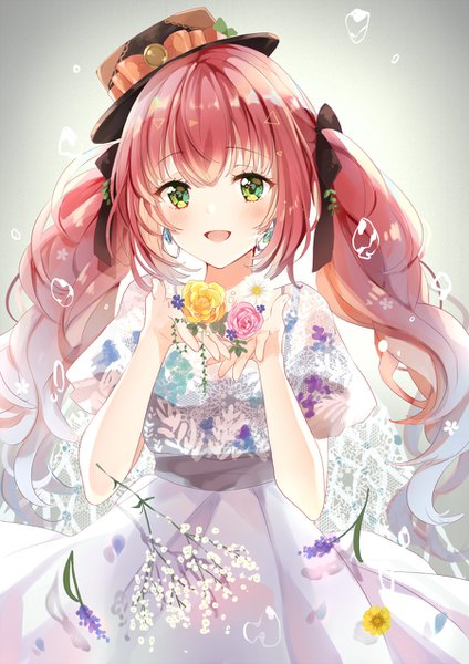Anime picture 900x1273 with original puracotte single long hair tall image looking at viewer blush open mouth twintails green eyes pink hair upper body puffy sleeves girl dress flower (flowers) hat earrings