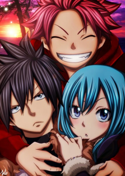 Anime picture 785x1100 with fairy tail natsu dragneel gray fullbuster juvia lockser futuretabs tall image blush short hair blue eyes black hair smile purple eyes blue hair pink hair sky cloud (clouds) eyes closed sunlight multiple boys grey eyes