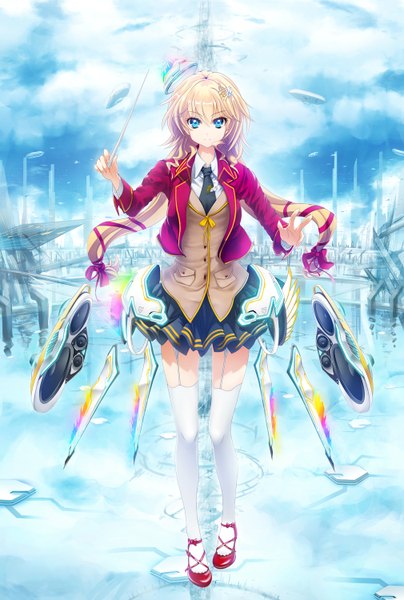 Anime picture 1010x1500 with original glycyrrhizae single long hair tall image looking at viewer blue eyes blonde hair smile sky cloud (clouds) open clothes open jacket girl thighhighs skirt uniform hair ornament bow school uniform