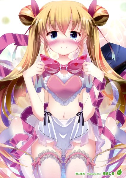 Anime picture 2542x3600 with girls, girls, girls! 10 (artbook) hiiragi mashiro single long hair tall image looking at viewer blush highres blue eyes blonde hair smile twintails scan official art midriff tears girl thighhighs navel bow
