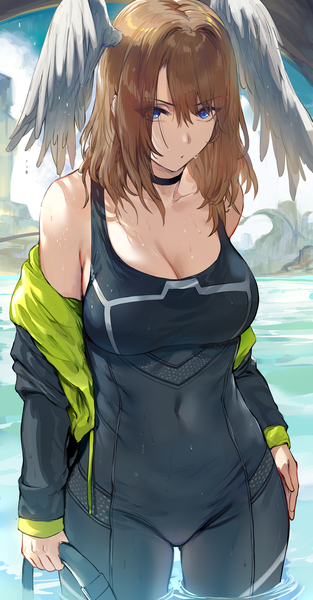 Anime picture 3845x7379 with xenoblade xenoblade 3 eunie (xenoblade) hews single long hair tall image blush fringe highres breasts blue eyes light erotic smile hair between eyes brown hair large breasts standing bare shoulders holding