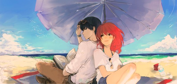 Anime picture 2002x948 with original pancake-waddle long hair blush highres short hair blue eyes black hair wide image sitting brown eyes sky cloud (clouds) red hair profile orange hair couple beach sand back to back