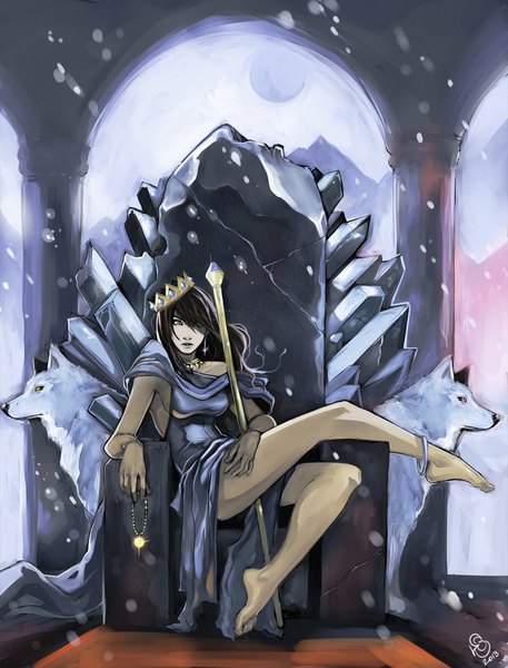 Anime picture 900x1181 with djok3 (artist) single long hair tall image looking at viewer fringe black hair sitting holding green eyes signed barefoot lips hair over one eye bare legs legs dated snowing winter girl