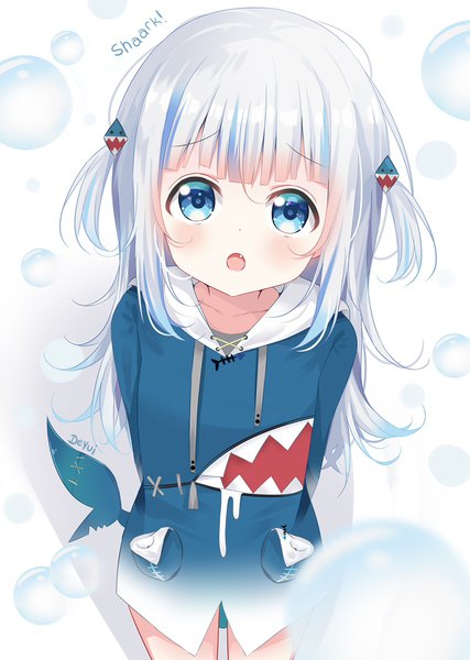 Anime-Bild 855x1200 mit virtual youtuber hololive hololive english gawr gura gawr gura (1st costume) deyui single long hair tall image looking at viewer fringe open mouth blue eyes signed silver hair multicolored hair from above :o two side up streaked hair