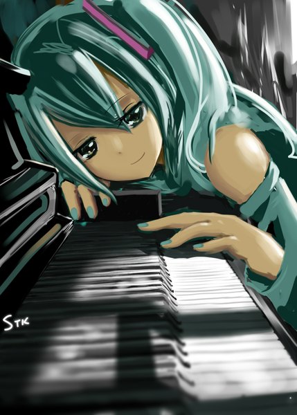 Anime picture 1200x1676 with vocaloid hatsune miku stk (artist) long hair tall image smile bare shoulders nail polish aqua eyes aqua hair girl piano