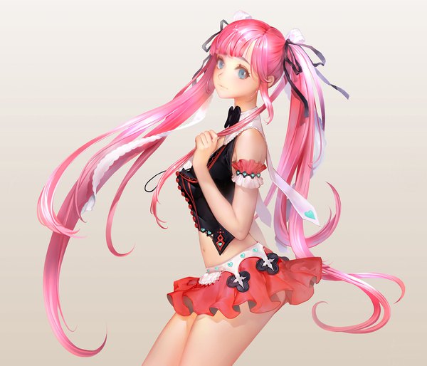 Anime picture 2000x1715 with original orry single long hair looking at viewer blush fringe highres simple background standing twintails holding pink hair blunt bangs grey eyes gradient background frilly skirt girl skirt navel