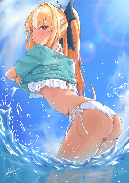 Anime-Bild 2894x4093 mit virtual youtuber hololive shiranui flare akichazuke single long hair tall image looking at viewer fringe highres breasts light erotic blonde hair hair between eyes red eyes large breasts signed payot sky ass
