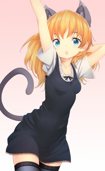 Anime picture 676x1100 with original zizi (zz22) long hair tall image looking at viewer open mouth blue eyes simple background blonde hair animal ears tail animal tail cat ears cat girl cat tail girl thighhighs dress black thighhighs