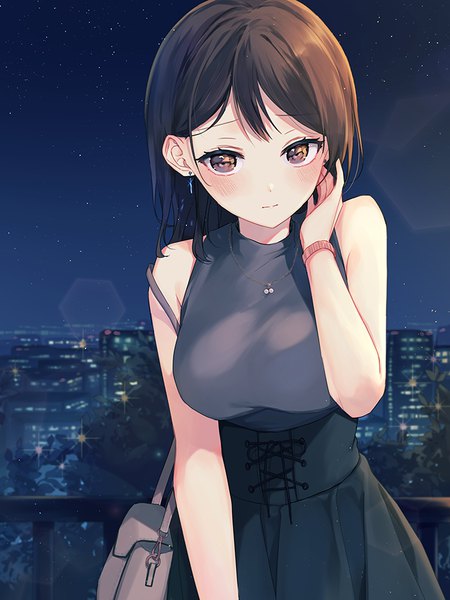 Anime picture 700x933 with original silltare single long hair tall image looking at viewer blush breasts brown hair brown eyes night night sky sleeveless lens flare city adjusting hair girl skirt earrings pendant