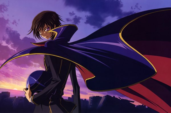 Anime picture 5789x3821 with code geass sunrise (studio) lelouch lamperouge kimura takahiro single looking at viewer highres short hair smile brown hair purple eyes sky cloud (clouds) looking back from behind scan official art evening sunset ruins