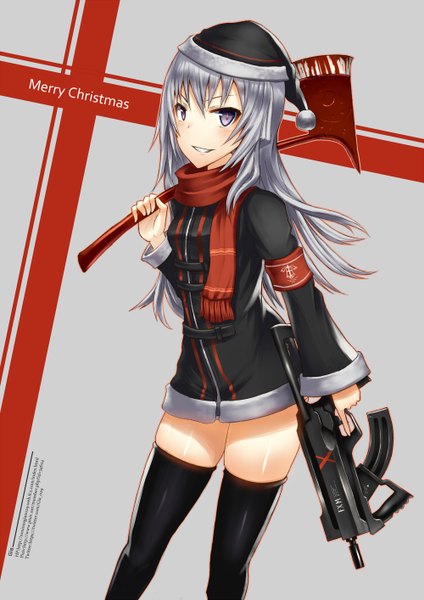 Anime picture 1000x1414 with original gia single long hair tall image looking at viewer smile purple eyes grey hair zettai ryouiki christmas merry christmas bloody weapon weapon over shoulder girl thighhighs weapon black thighhighs scarf gun