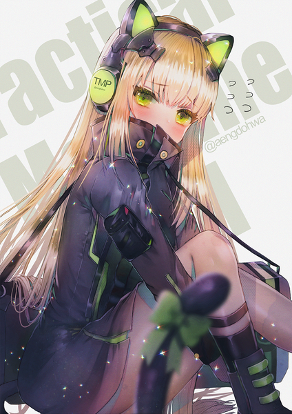 Anime picture 1061x1500 with girls frontline tmp (girls frontline) hanato (seonoaiko) single long hair tall image looking at viewer blush fringe light erotic simple background blonde hair hair between eyes sitting green eyes signed animal ears payot bent knee (knees) tail