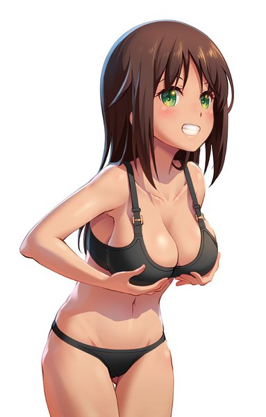 Anime picture 639x1000 with alice gear aegis kaneshiya sitara pinakes single long hair tall image blush fringe breasts light erotic simple background smile brown hair large breasts standing white background green eyes payot cleavage leaning
