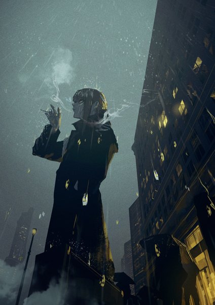 Anime picture 2480x3508 with chainsaw man mappa makima (chainsaw man) neg (101neg) long hair tall image highres brown hair yellow eyes looking away outdoors profile from below evening solo focus smoke rain smoking girl building (buildings)
