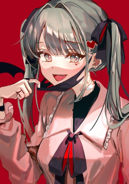 Anime-Bild 1512x2150 mit vocaloid vampire (vocaloid) hatsune miku didtldms0312 single long hair tall image looking at viewer open mouth simple background twintails payot upper body :d grey hair grey eyes fang (fangs) piercing ear piercing shaded face