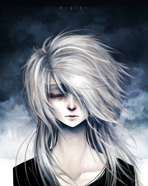 Anime picture 1692x2124 with original ajgiel single long hair tall image fringe blue eyes simple background signed white hair wind hair over one eye looking down girl
