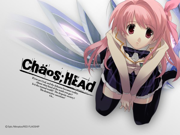 Anime picture 1600x1200 with chaos;head sakihata rimi single long hair looking at viewer sitting pink hair pink eyes from above inscription copyright name girl thighhighs uniform bow black thighhighs hair bow school uniform