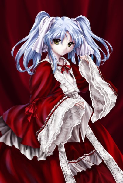 Anime picture 1691x2500 with martian successor nadesico xebec hoshino ruri kisaragi mizu single long hair tall image looking at viewer fringe hair between eyes twintails yellow eyes silver hair long sleeves arm up wide sleeves pale skin red background lolita fashion frilly skirt