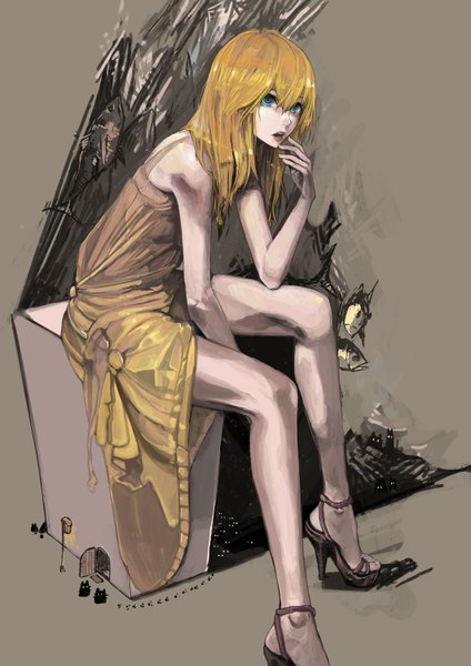 Anime picture 1061x1500 with original canking single long hair tall image looking at viewer fringe open mouth blue eyes simple background blonde hair sitting bare shoulders bare legs high heels finger to mouth light brown background dress animal