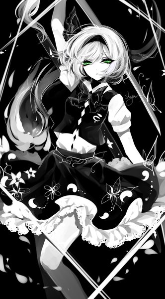 Anime picture 2100x3800 with touhou konpaku youmu myon sheya single tall image looking at viewer highres short hair green eyes signed parted lips arm up short sleeves puffy sleeves black background monochrome frilly skirt spot color girl
