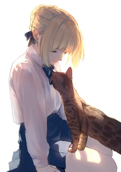 Anime picture 1000x1414 with fate (series) fate/stay night artoria pendragon (all) saber caidychen single tall image fringe short hair simple background blonde hair smile white background sitting payot braid (braids) eyes closed long sleeves head tilt profile