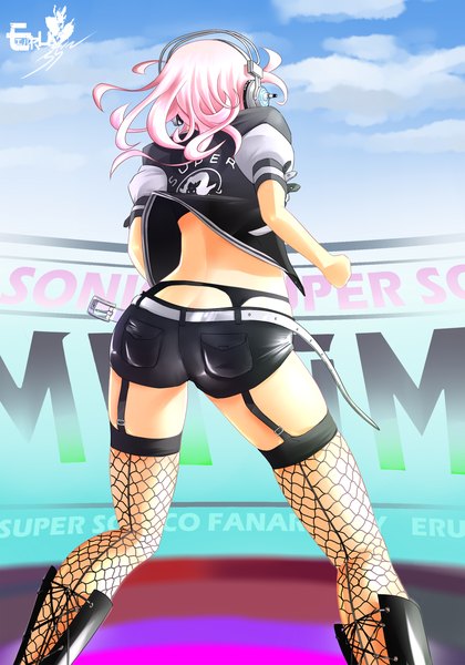 Anime picture 1100x1571 with nitroplus super sonico erucyano single long hair tall image light erotic pink hair ass from behind girl thighhighs shoes shorts headphones garter straps garter belt fishnet stockings