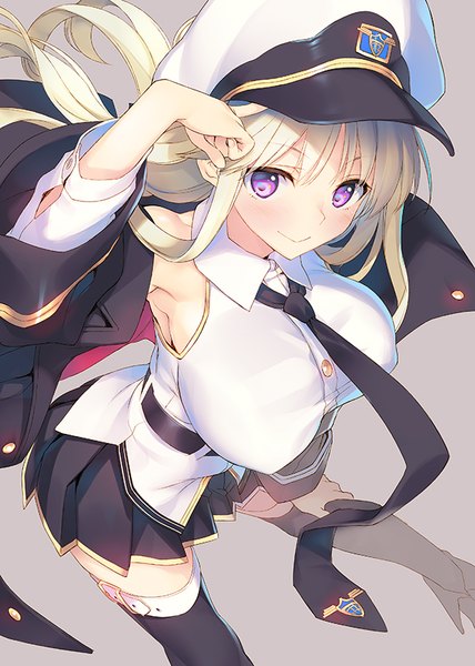 Anime picture 601x843 with azur lane enterprise (azur lane) tatami to hinoki single long hair tall image looking at viewer blush fringe breasts light erotic simple background blonde hair smile hair between eyes large breasts standing purple eyes pleated skirt from above