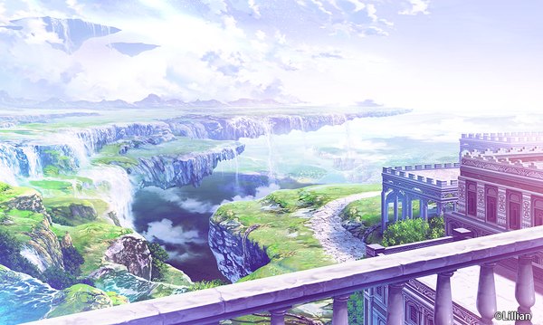 Anime picture 1024x614 with original ginnofude (takei) wide image sky cloud (clouds) mountain no people landscape nature rock waterfall plant (plants) tree (trees) water window grass stone (stones) road
