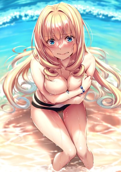 Anime picture 4240x6024 with hanikami kanojo shoudou erena piromizu single long hair tall image looking at viewer blush fringe highres breasts blue eyes light erotic blonde hair large breasts bare shoulders payot absurdres cleavage outdoors