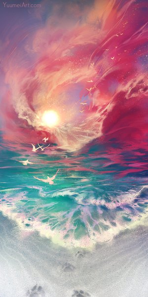 Anime picture 1080x2160 with original yuumei tall image signed sky outdoors beach evening sunset no people scenic sand red sky footprints animal sea bird (birds) sun wave (waves)