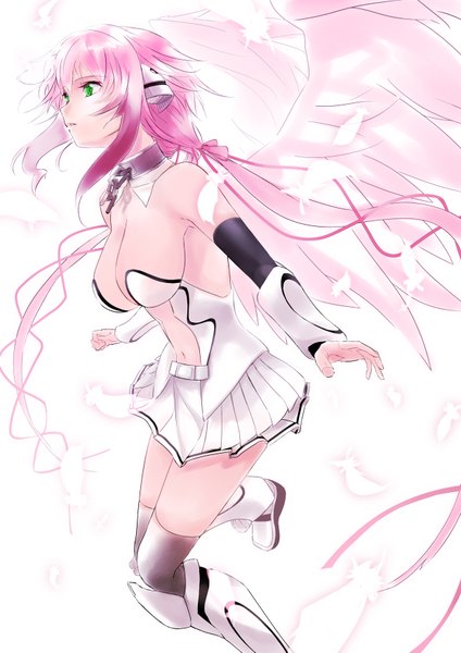 Anime picture 1240x1753 with sora no otoshimono ikaros nana g single long hair tall image breasts light erotic large breasts bare shoulders green eyes pink hair low ponytail angel wings girl thighhighs black thighhighs feather (feathers) collar