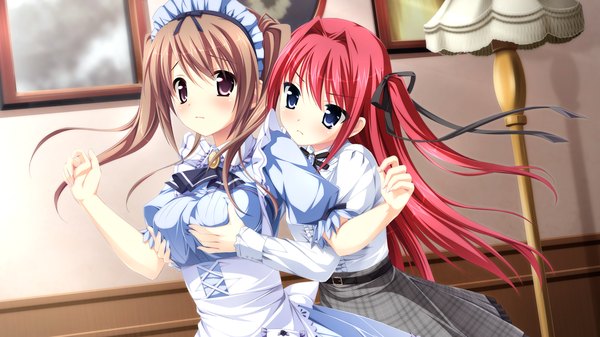 Anime picture 2560x1440 with otome ga tsumugu koi no canvas miyama mizuki ootori rena long hair blush highres blue eyes light erotic brown hair wide image multiple girls brown eyes game cg red hair maid otoko no ko girl boy ribbon (ribbons) 2 girls