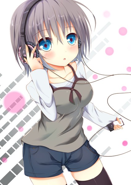 Anime picture 1200x1694 with original ipod again8120 single tall image blush short hair open mouth blue eyes grey hair :o girl thighhighs black thighhighs shorts headphones wire (wires)
