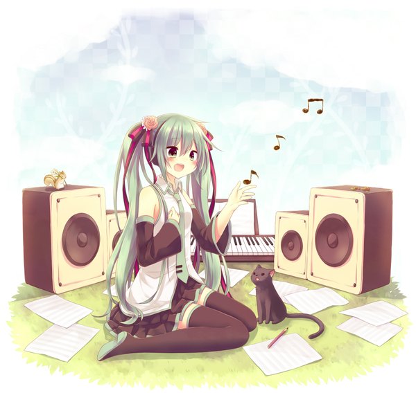 Anime picture 2000x1894 with vocaloid hatsune miku amane kurumi single long hair blush highres open mouth sitting twintails bare shoulders pleated skirt hair flower aqua eyes aqua hair singing girl skirt hair ornament flower (flowers)