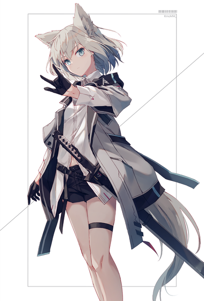 Anime picture 1273x1879 with original nagishiro mito single tall image looking at viewer fringe short hair blue eyes simple background hair between eyes standing white background animal ears tail animal tail grey hair open jacket fox ears fox tail fox girl