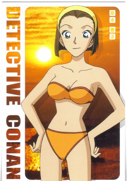 Anime picture 2432x3456 with detective conan suzuki sonoko single tall image looking at viewer highres short hair blue eyes brown hair scan official art evening sunset hands on hips girl swimsuit bikini hairband sun