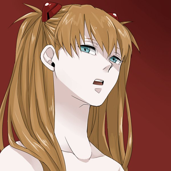 Anime picture 1024x1024 with neon genesis evangelion gainax soryu asuka langley hiakko long hair looking at viewer open mouth blue eyes brown hair twintails teeth red background girl hair ornament
