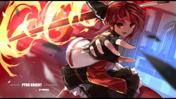 Anime picture 1360x772 with elsword swd3e2 single looking at viewer short hair open mouth red eyes wide image red hair girl dress gloves weapon fingerless gloves fire