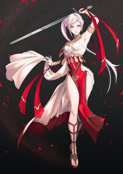Anime picture 1023x1447 with fire emblem fire emblem: three houses nintendo edelgard von hresvelg mueririko single long hair tall image looking at viewer light erotic simple background smile standing purple eyes holding payot full body white hair ponytail nail polish