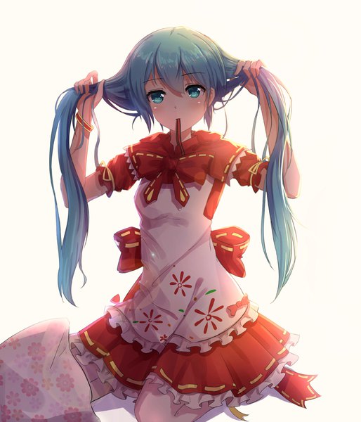 Anime picture 857x1000 with little red riding hood project diva project diva 2nd vocaloid hatsune miku byakuya reki single long hair tall image looking at viewer blush fringe simple background white background twintails aqua eyes aqua hair arms up short sleeves kneeling