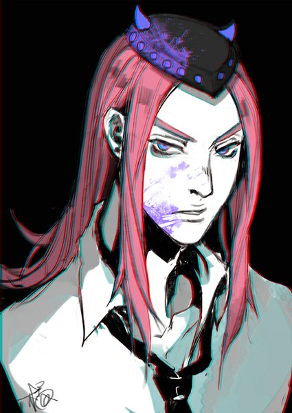 Anime picture 678x958 with jojo no kimyou na bouken narciso anasui fan ju single long hair tall image looking at viewer simple background purple eyes signed pink hair piercing black background portrait ear piercing open collar anaglyph boy hat shirt