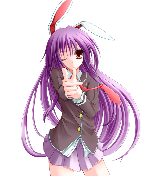 Anime picture 2700x2960 with touhou reisen udongein inaba shouyan single long hair tall image highres red eyes purple hair one eye closed wink bunny ears transparent background girl skirt miniskirt necktie