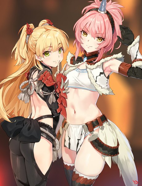 Anime picture 800x1045 with idolmaster idolmaster cinderella girls monster hunter monster hunter: world jougasaki mika jougasaki rika kirin (armor) odogaron (armor) yd (orange maru) long hair tall image looking at viewer fringe short hair light erotic blonde hair hair between eyes multiple girls green eyes signed