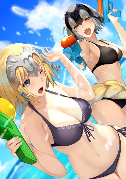 Anime picture 600x849 with fate (series) fate/grand order jeanne d'arc (fate) (all) jeanne d'arc alter (fate) jeanne d'arc (fate) keemu (occhoko-cho) long hair tall image blush fringe short hair breasts open mouth blue eyes light erotic blonde hair large breasts multiple girls holding yellow eyes