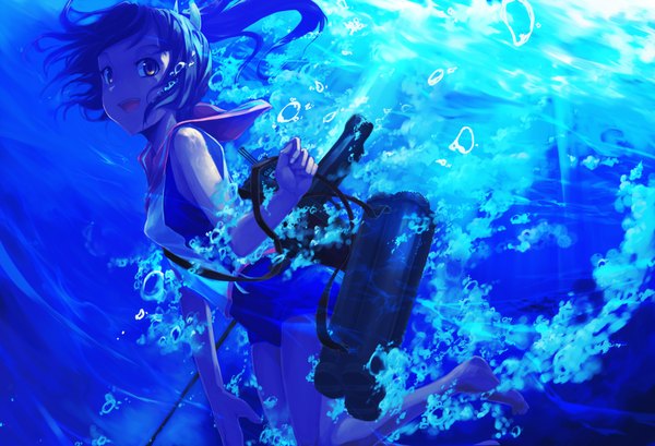 Anime picture 2000x1365 with kantai collection i-401 aircraft carrying submarine sorano eika single long hair looking at viewer highres open mouth brown hair brown eyes ponytail underwater diving girl swimsuit one-piece swimsuit bubble (bubbles) school swimsuit torpedo