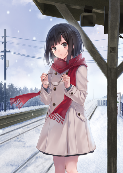 Anime picture 573x800 with original fukahire (ruinon) single tall image looking at viewer blush short hair black hair black eyes snowing winter snow girl glasses scarf coat red scarf train station