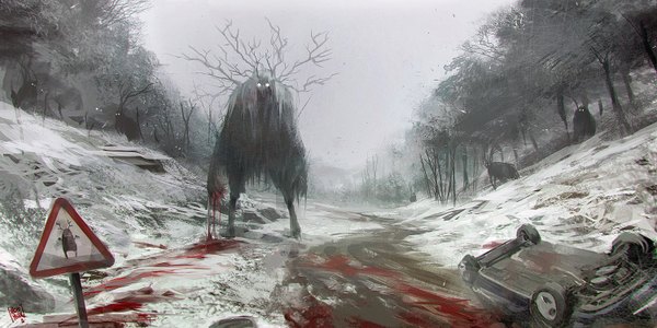 Anime picture 1500x750 with original nacho yague long hair looking at viewer wide image standing outdoors white hair horn (horns) snow blank eyes plant (plants) tree (trees) gun blood ground vehicle forest monster car road