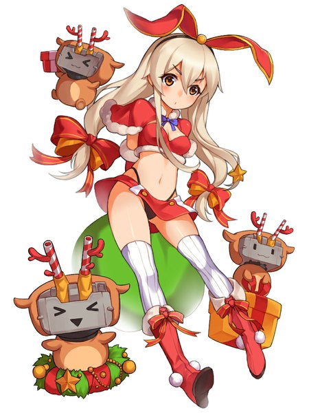 Anime picture 750x1000 with kantai collection shimakaze destroyer rensouhou-chan suika01 long hair tall image looking at viewer blush light erotic simple background blonde hair white background twintails bare belly alternate costume fur trim christmas hands behind back :3 > <