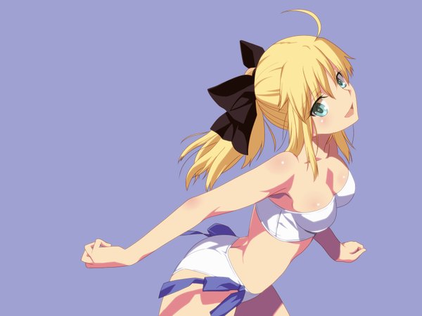 Anime picture 1600x1200 with fate (series) fate/stay night fate/zero studio deen type-moon artoria pendragon (all) saber taka (takahirokun) single long hair light erotic blonde hair green eyes ponytail looking back girl bow swimsuit hair bow