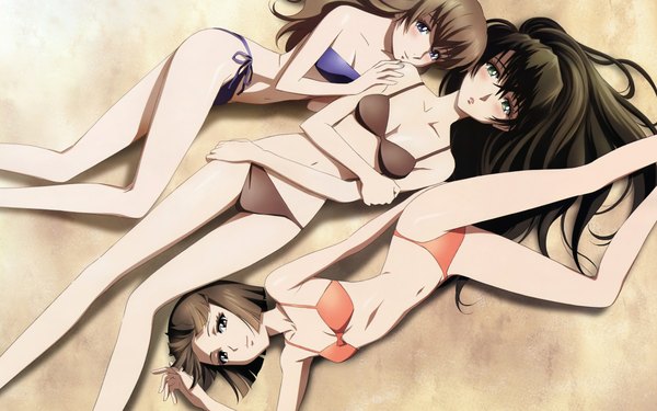 Anime picture 1920x1200 with kurogane no linebarrels highres wide image multiple girls girl swimsuit bikini 3 girls black bikini red bikini